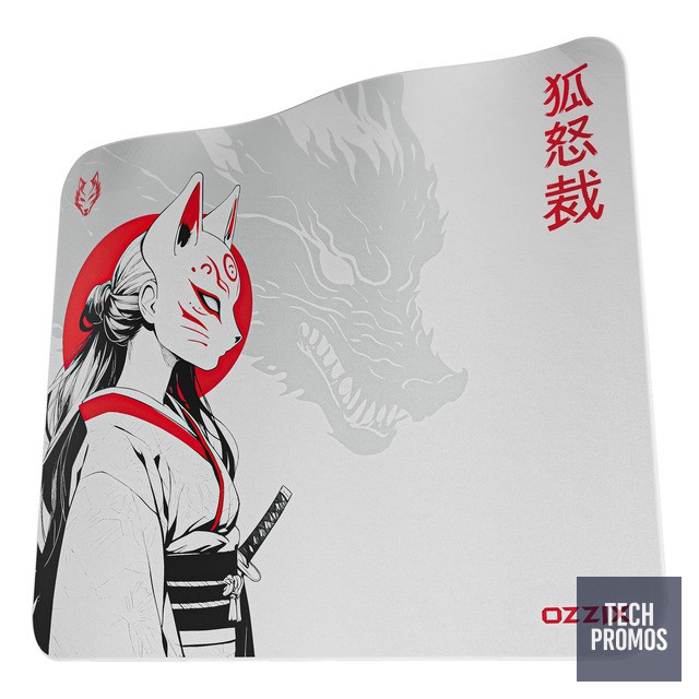 Mousepad Gamer Quadrado 49x42 Tsuki Arte Japonesa Kitsune Branco Tsuki