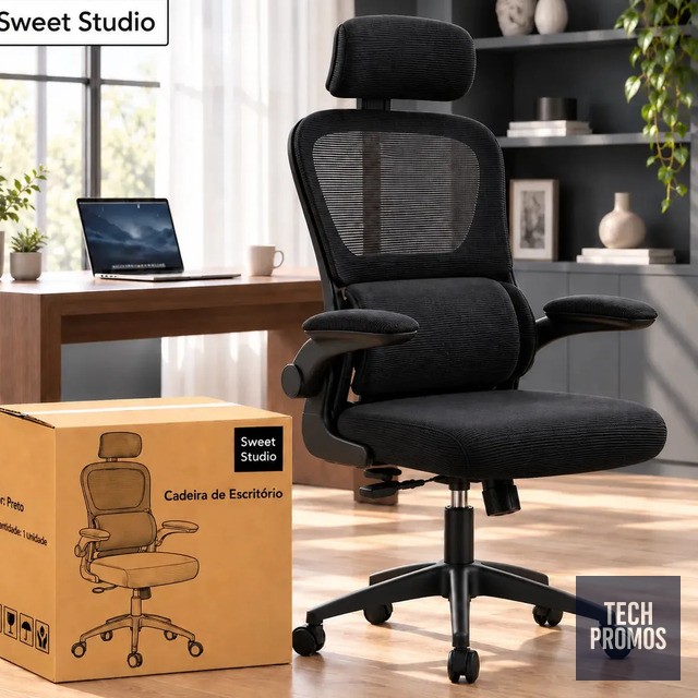 Cadeira Sweet Studio Escritório Ergonômica Giratória Preto Com Apoio Lombar e Apoio de cabeça