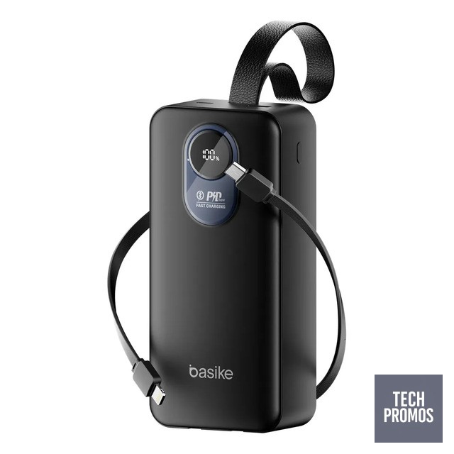 Power Bank Basike 30.000mAh Portátil, Carregamento Rápido 22.5W, com Cabos Embutidos e Display LED para iPhone e Samsung