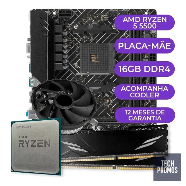 Kit Upgrade Gamer Amd Ryzen 5 5500 + A520m + 16gb Ddr4 Cor Preto