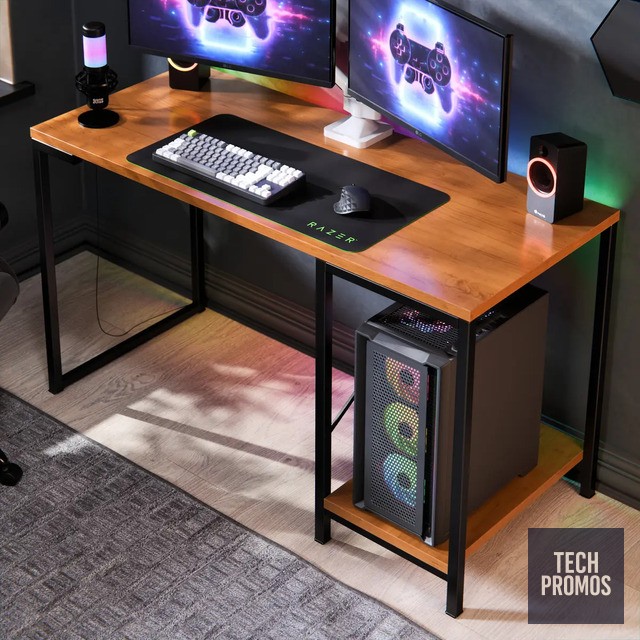 Escrivaninha Gamer Tokyo Mdf Mesa Para Computador Home Office E Estudos Com Suporte Para Cpu E Prateleira Lateral Estrutura Em Aço Estilo Industrial Design Moderno Amplo Cor Canela Preto Preto/canela
