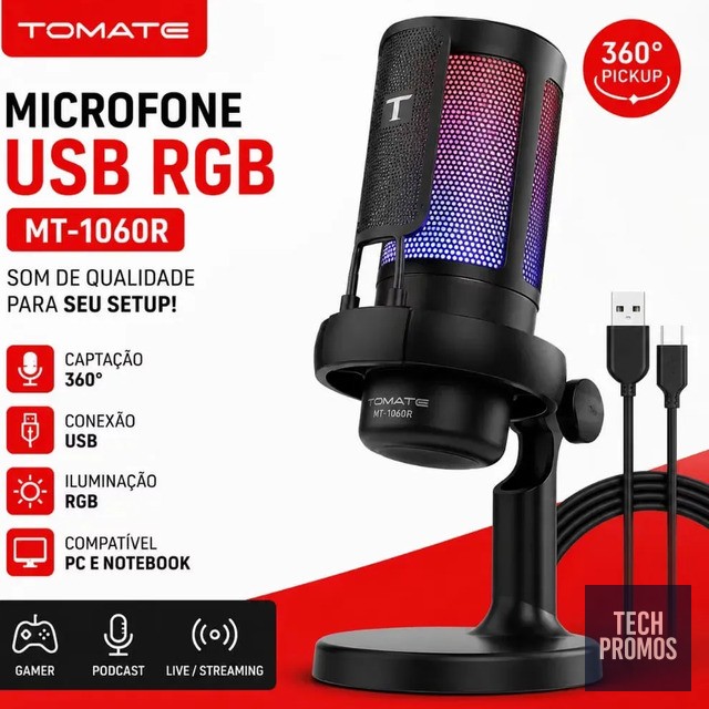Microfone Condensador Tomate MT-1060R USB para Streaming e PC Com Luz LED