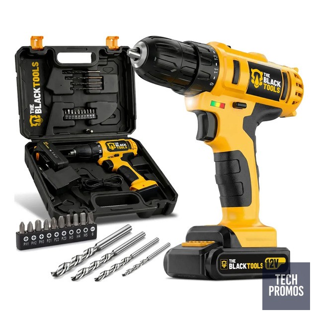 Furadeira Parafusadeira Sem Fio A Bateria Tb-12e 12v 3/8 10mm Com Maleta E Acessórios The Black Tools Amarelo/preto 127/220v 60