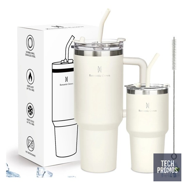Kit Copo Térmica Inox 1200ml & 600ml Com Tampa E Canudo Branco Cor Pura